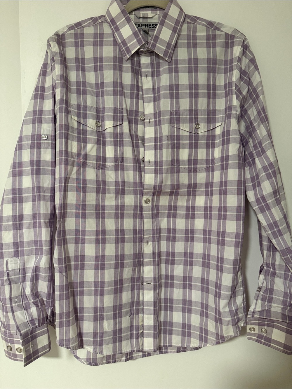 Express Men’s Lavender and White Plaid Button-Down Shirt